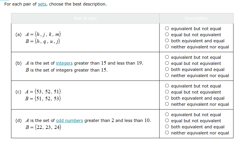 for each pair of sets, choose the best description. pair of sets\tdescr…
