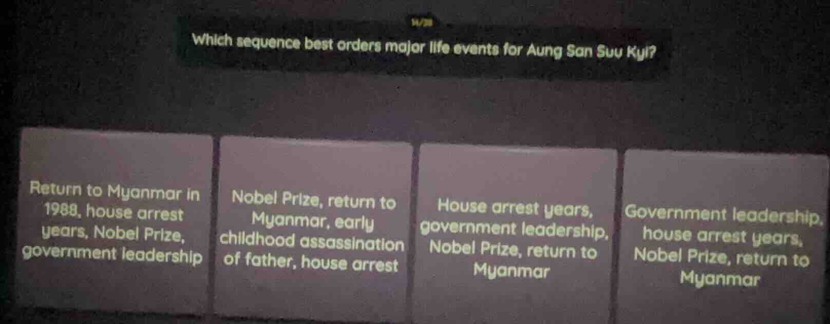 which sequence best orders major life events for aung san suu kyi? retu…