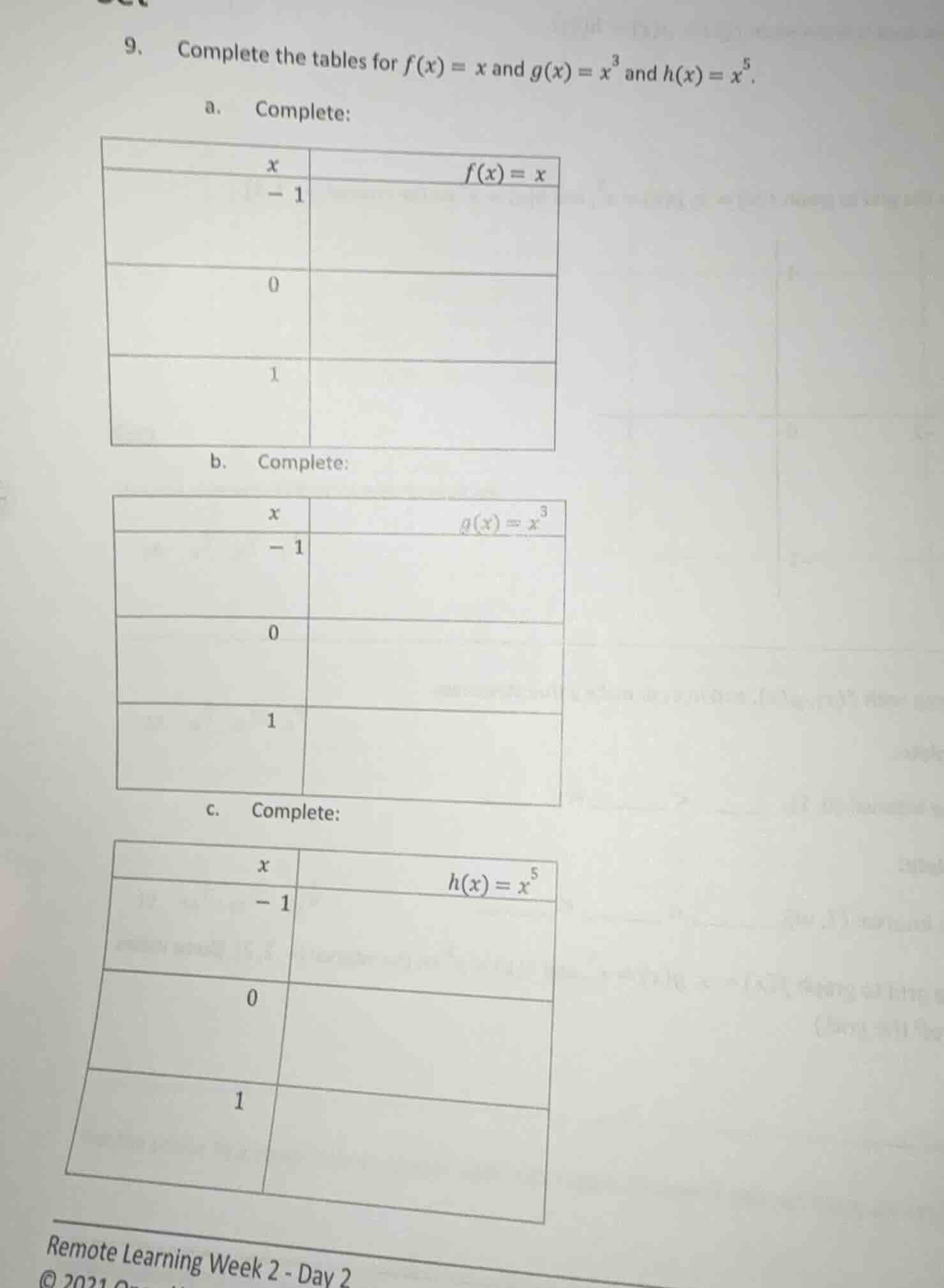 9. complete the tables for $f(x) = x$ and $g(x) = x^3$ and $h(x) = x^5$…
