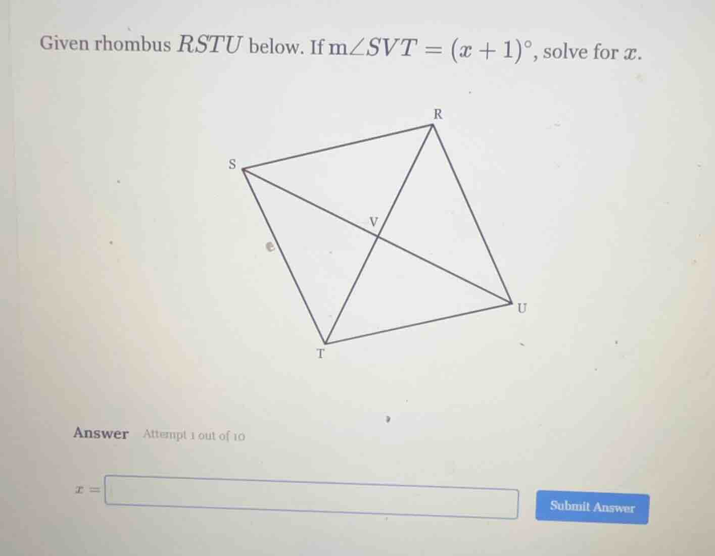 given rhombus rstu below. if \\(\\text{m}\\angle svt = (x + 1)\\degree\…