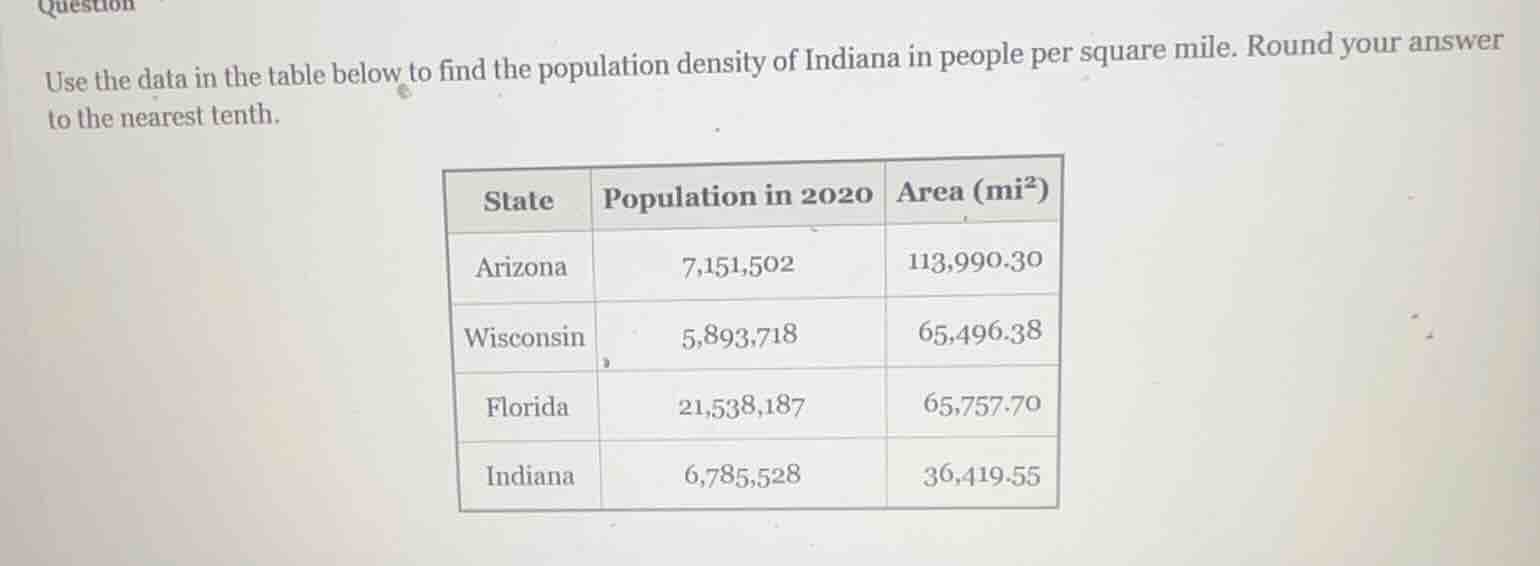 question use the data in the table below to find the population density…