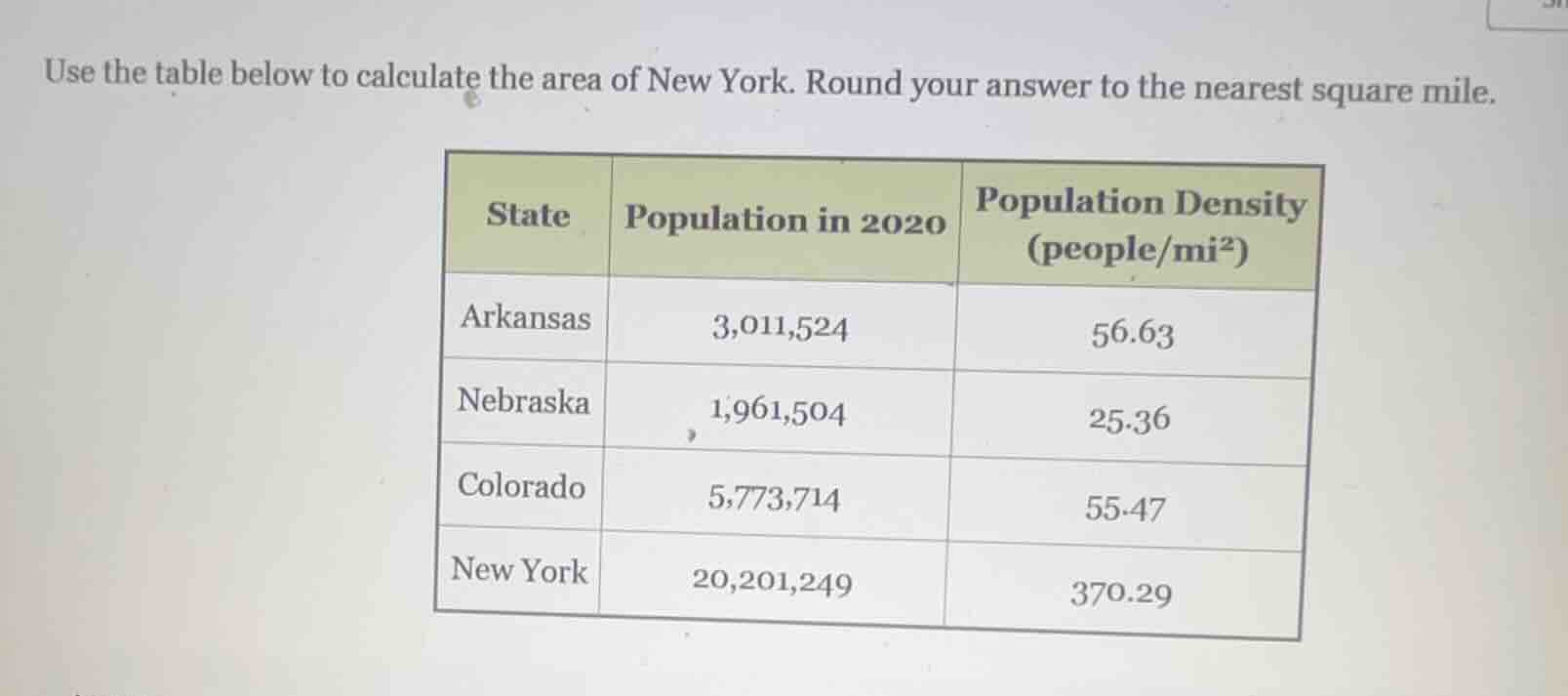 use the table below to calculate the area of new york. round your answe…