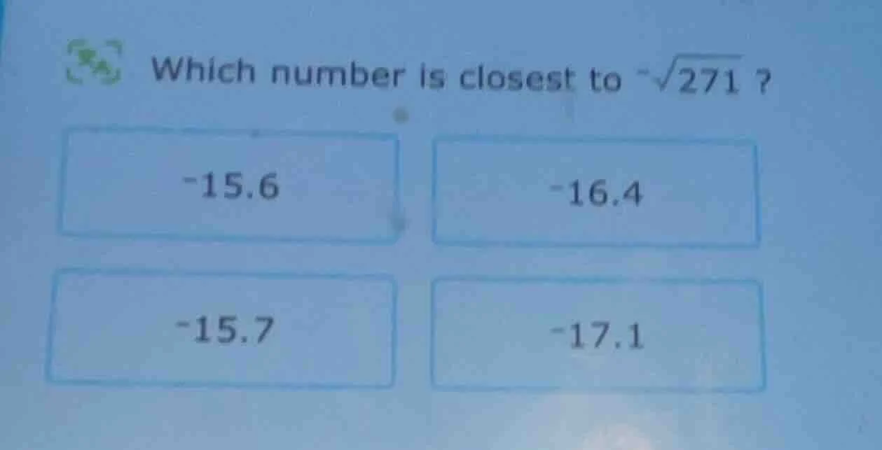 which number is closest to $-sqrt{271}$? -15.6 -16.4 -15.7 -17.1