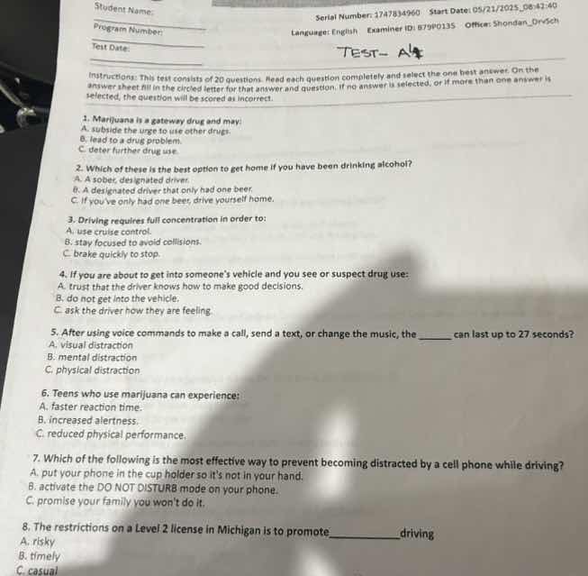 student name: serial number: 1714784960 start date: 05/21/2025, 08:34:4…