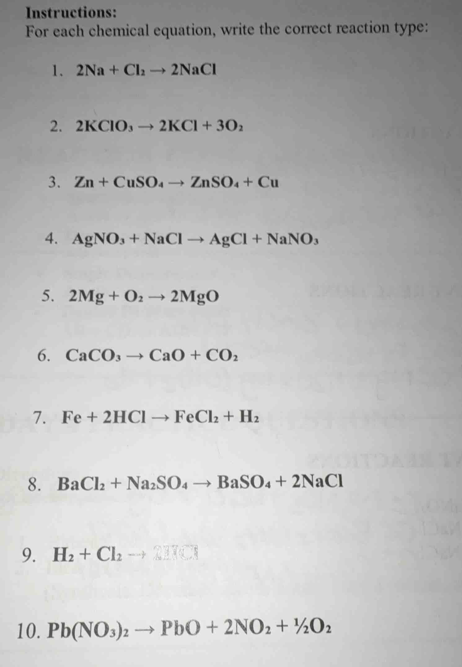instructions: for each chemical equation, write the correct reaction ty…