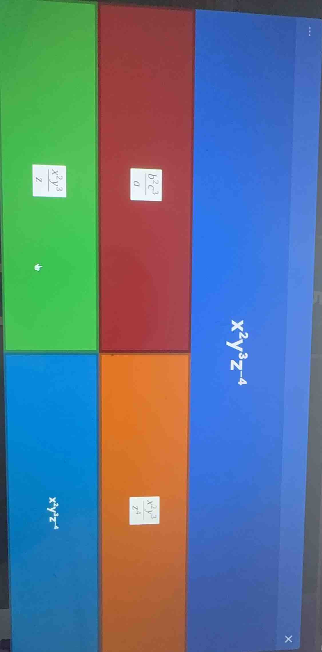 there are some algebraic expressions: ( \frac{x^{2}y^{3}}{z} ), ( \frac…