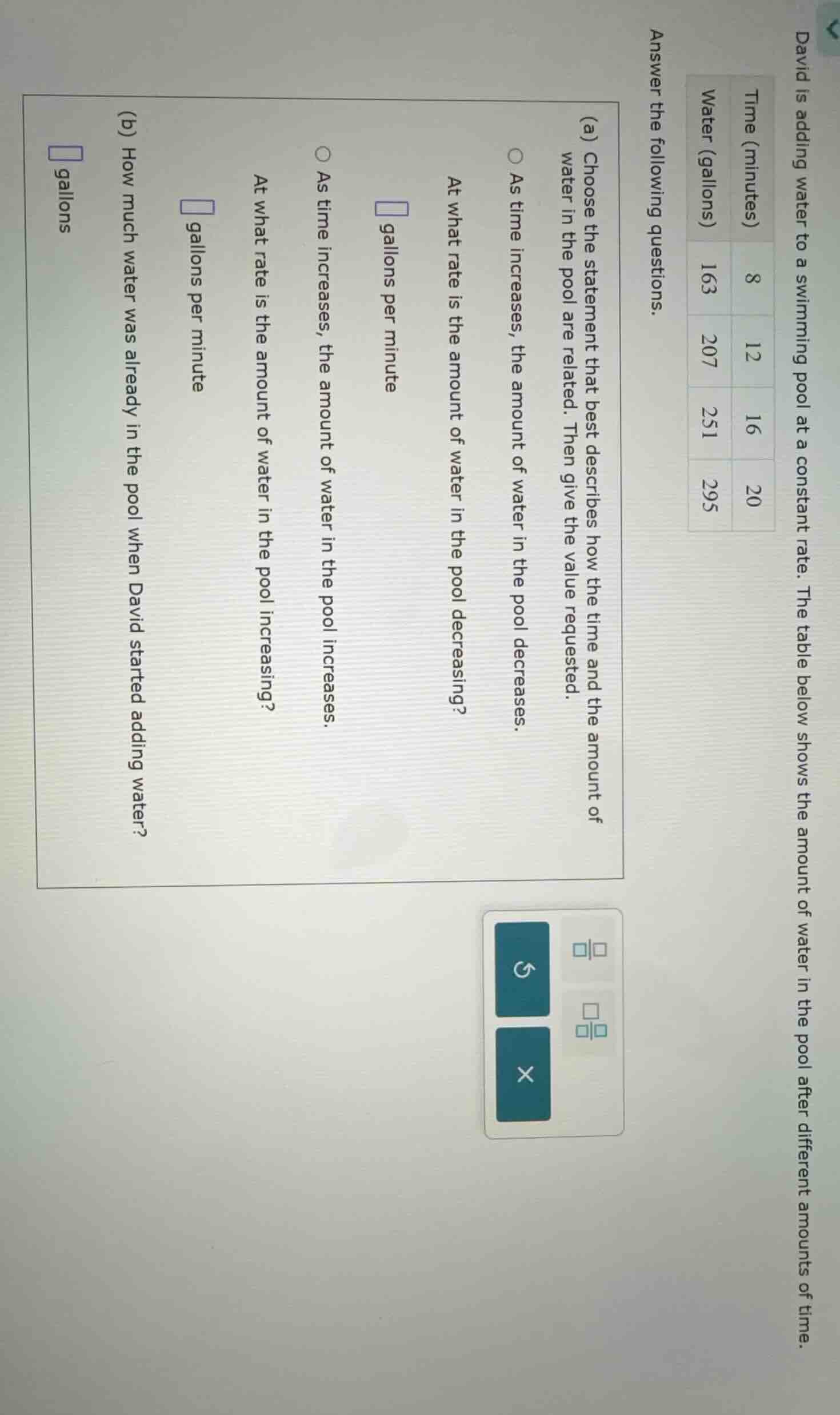 david is adding water to a swimming pool at a constant rate. the table …