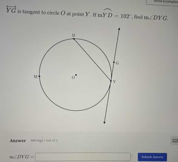 $overleftrightarrow{yg}$ is tangent to circle $o$ at point $y$. if $mov…