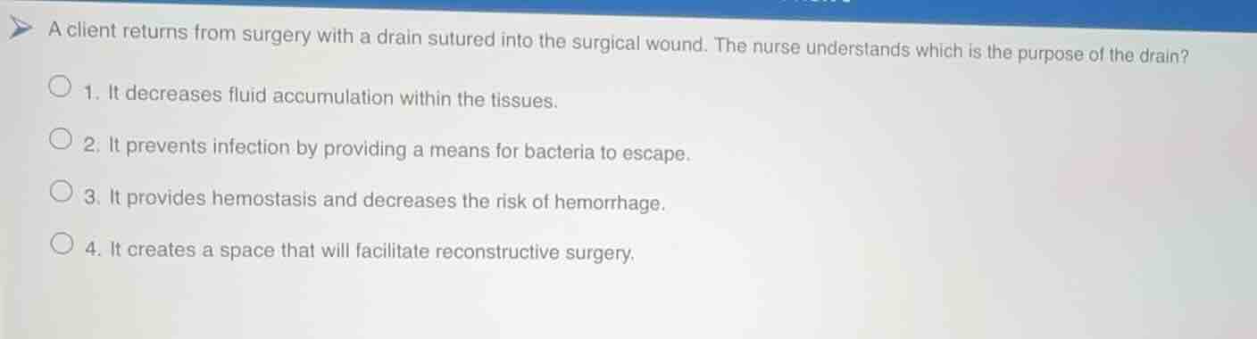 a client returns from surgery with a drain sutured into the surgical wo…