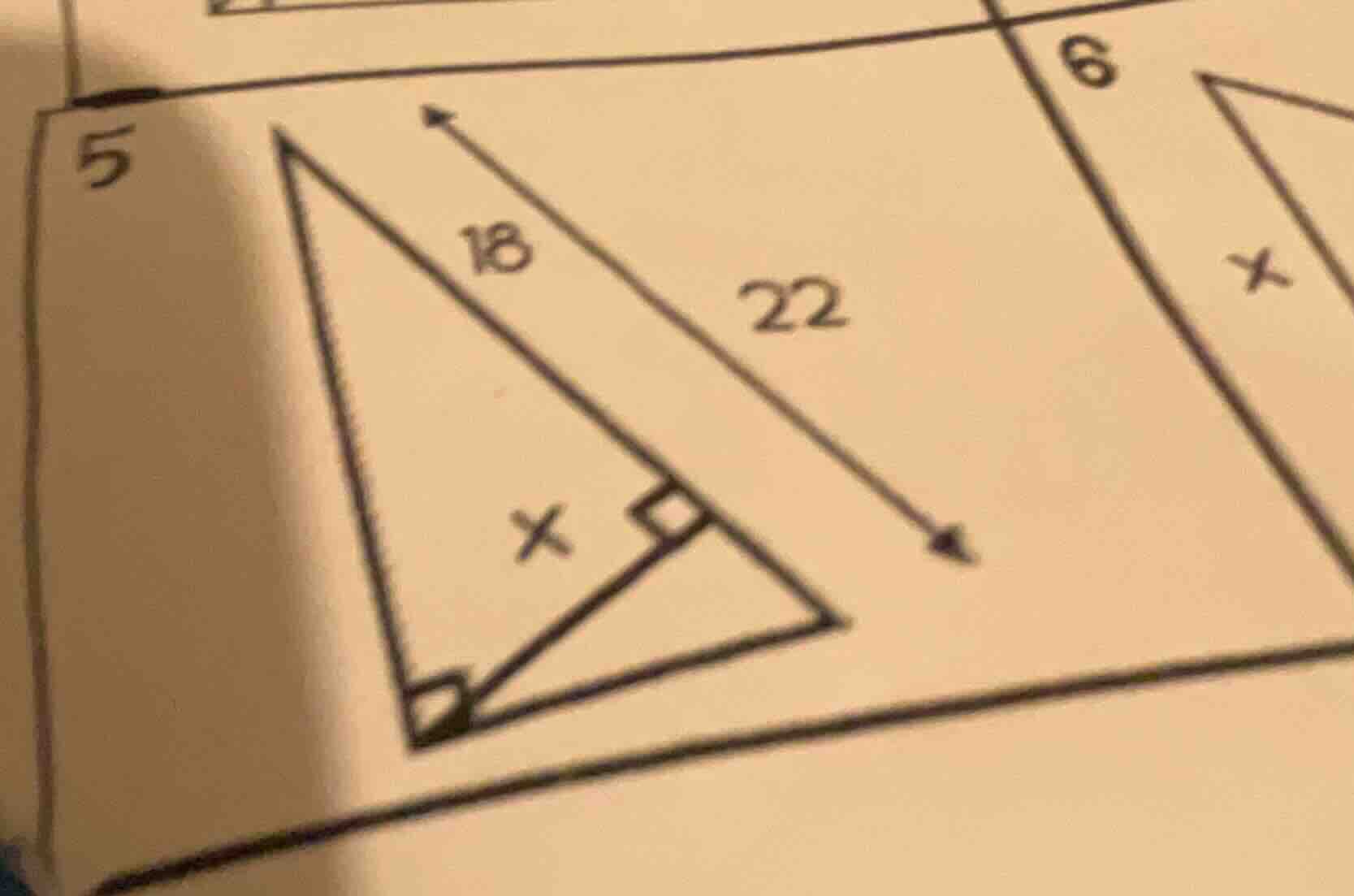 in the right triangle diagram, there are lengths 18, 22, and an unknown…