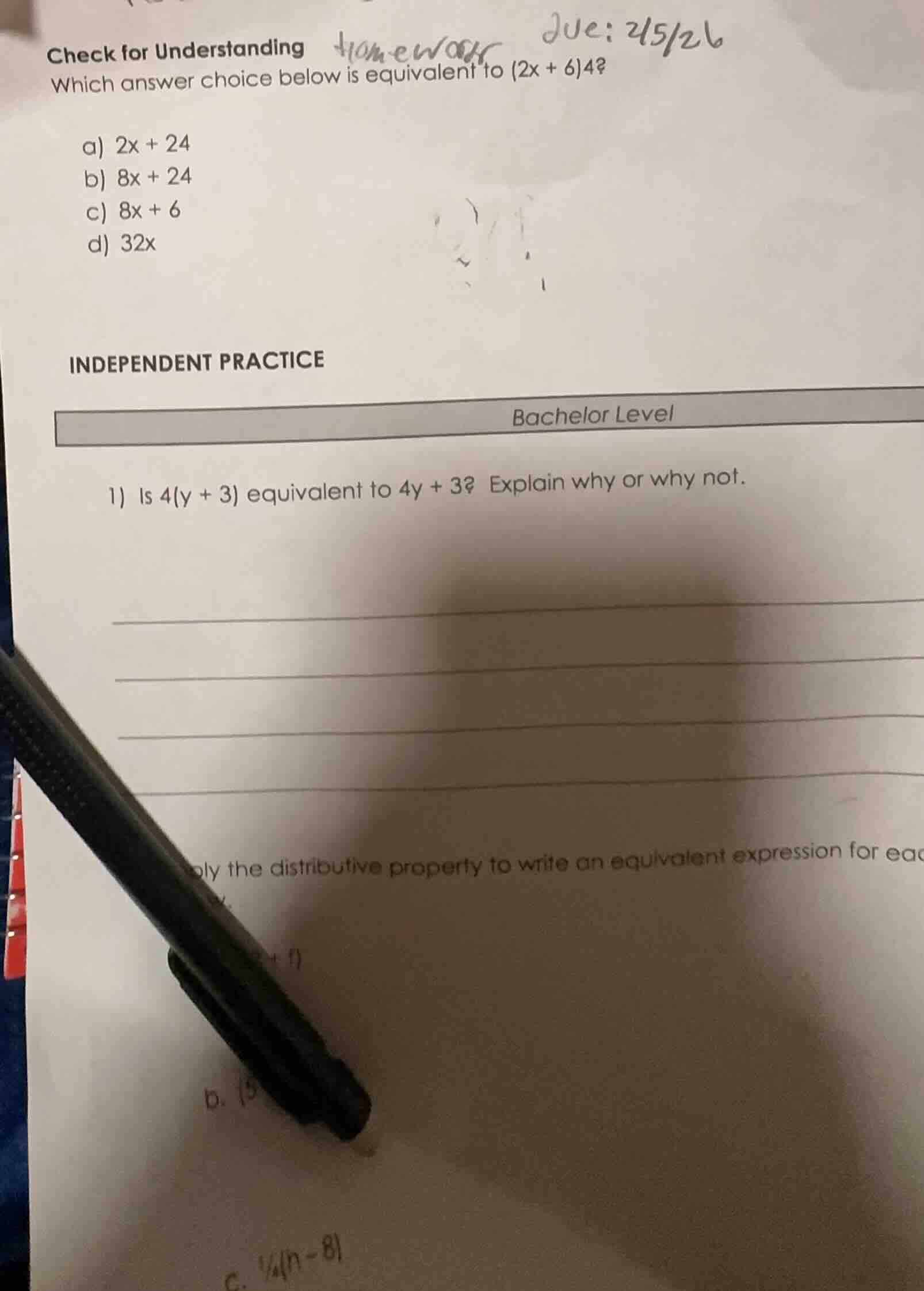 check for understanding which answer choice below is equivalent to (2x …