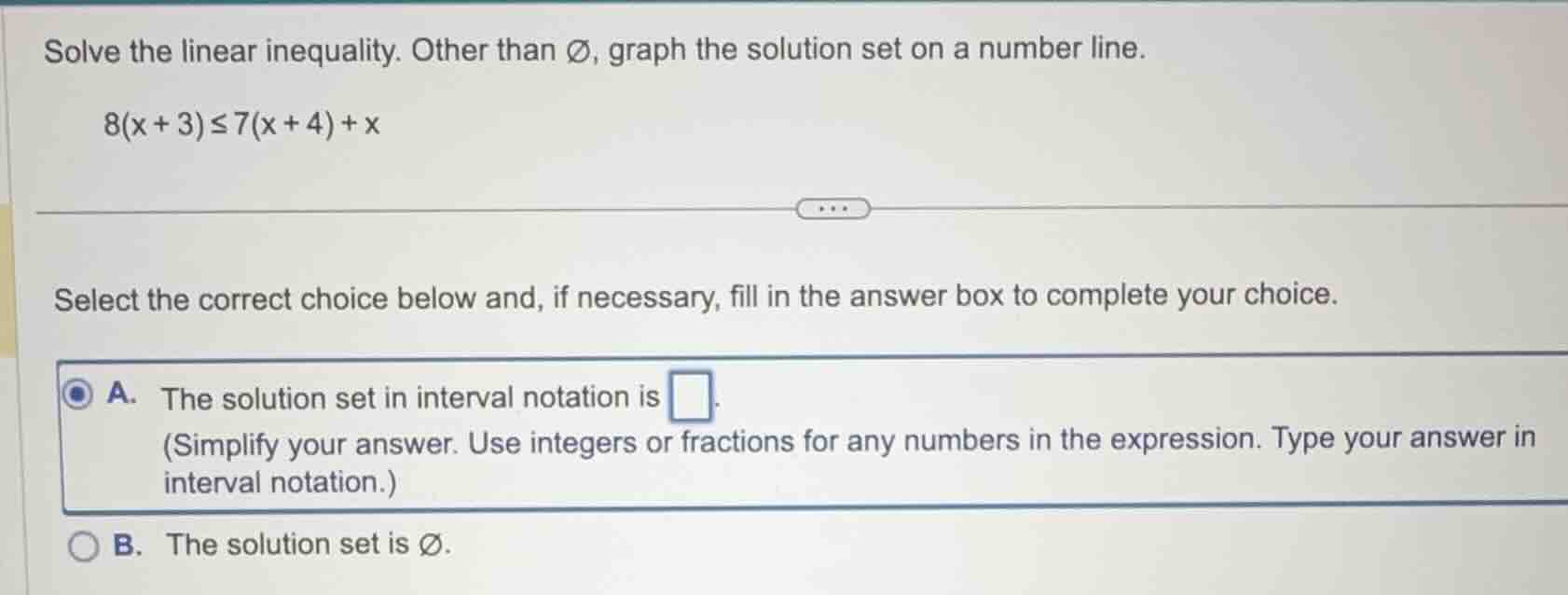 solve the linear inequality. other than \\( \\varnothing \\), graph the…