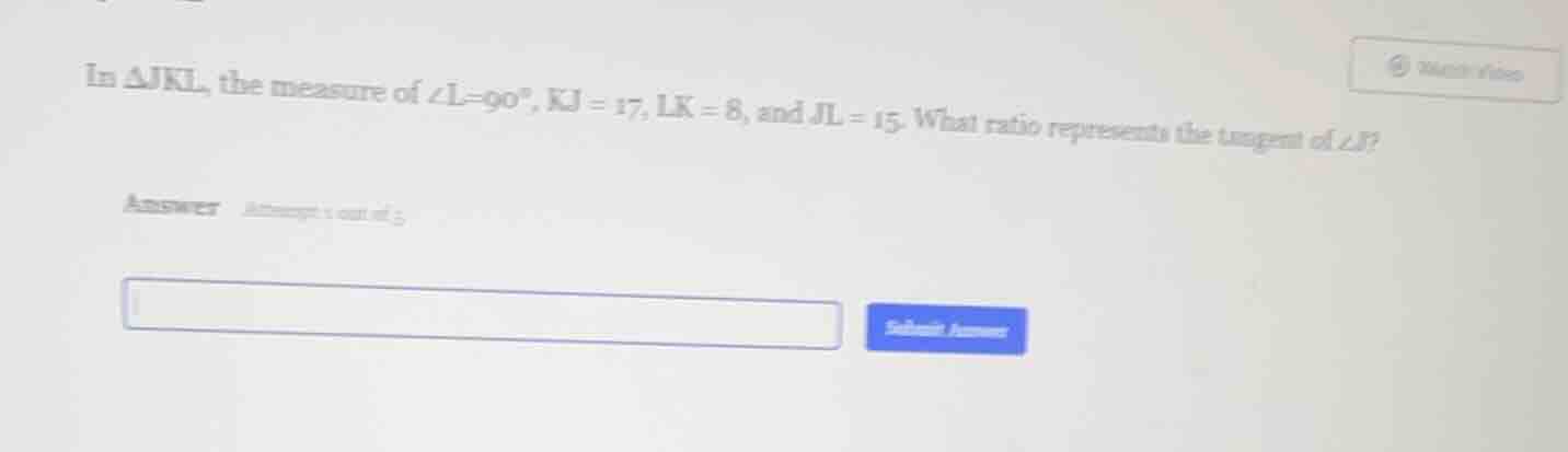 in $\\triangle jkl$, the measure of $\\angle l = 90^\\circ$, $kj = 17$,…