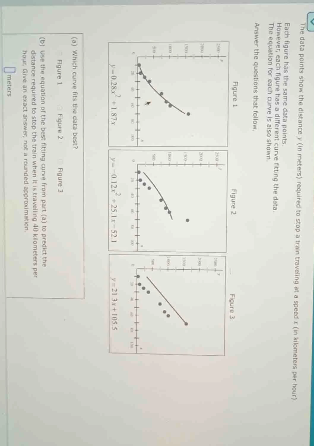 the data points show the distance ( y ) (in meters) required to stop a …