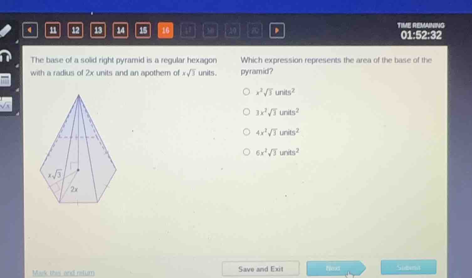 the base of a solid right pyramid is a regular hexagon with a radius of…