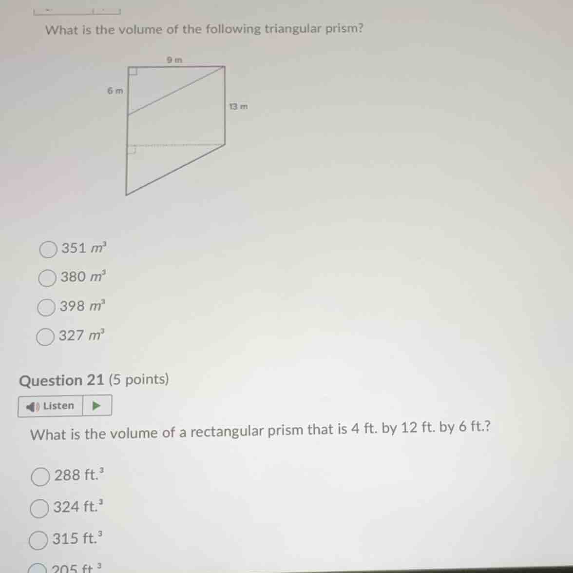what is the volume of the following triangular prism? 9 m 6 m 13 m 351 …