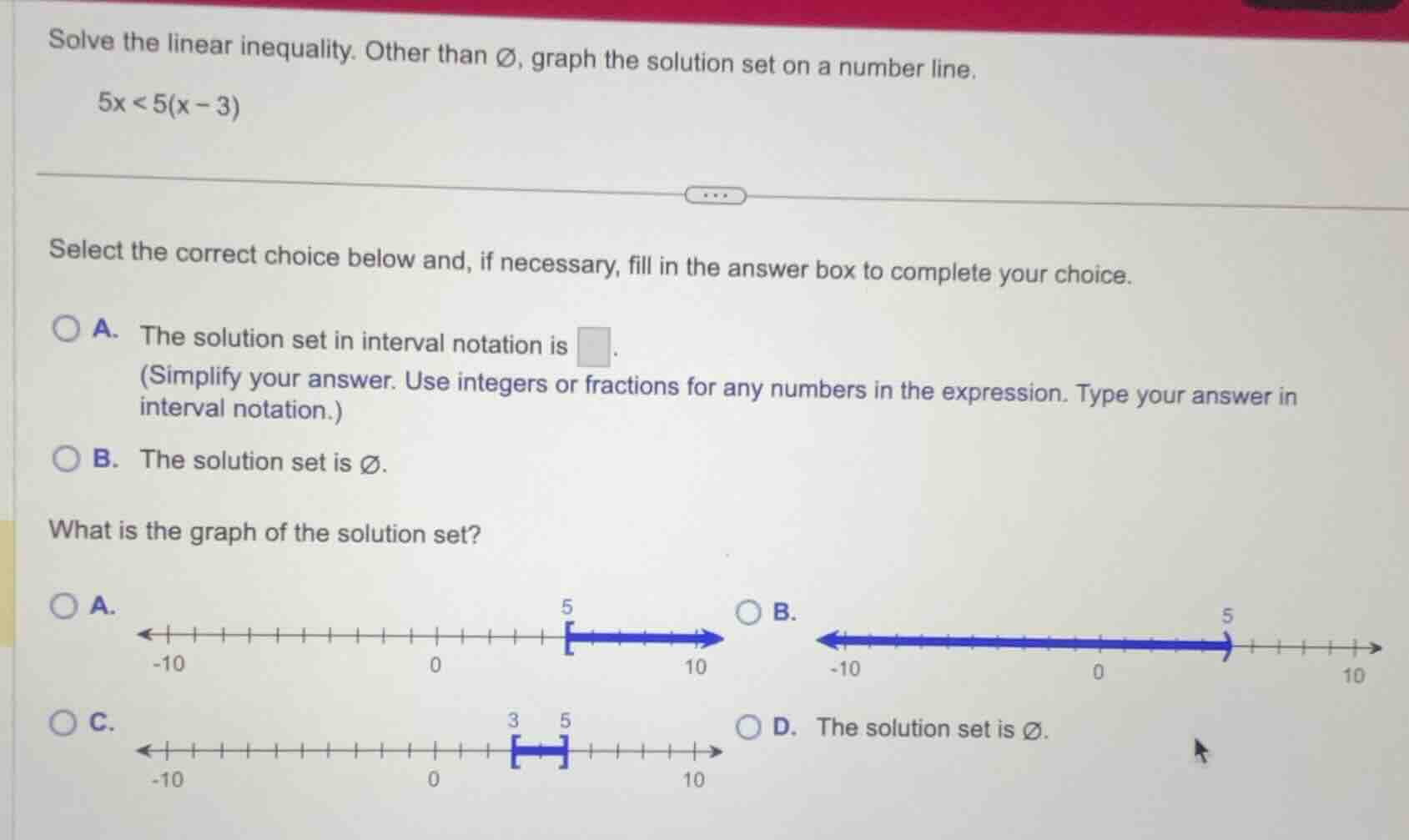 solve the linear inequality. other than \\( \\varnothing \\), graph the…