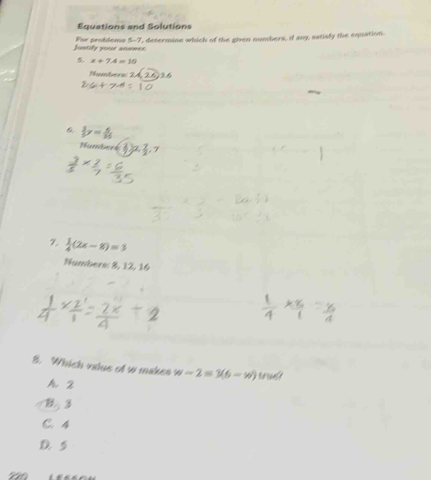 8. which value of w makes ( w - 2 = 3(6 - w) ) true? a. 2 b. 3 c. 4 d. 5