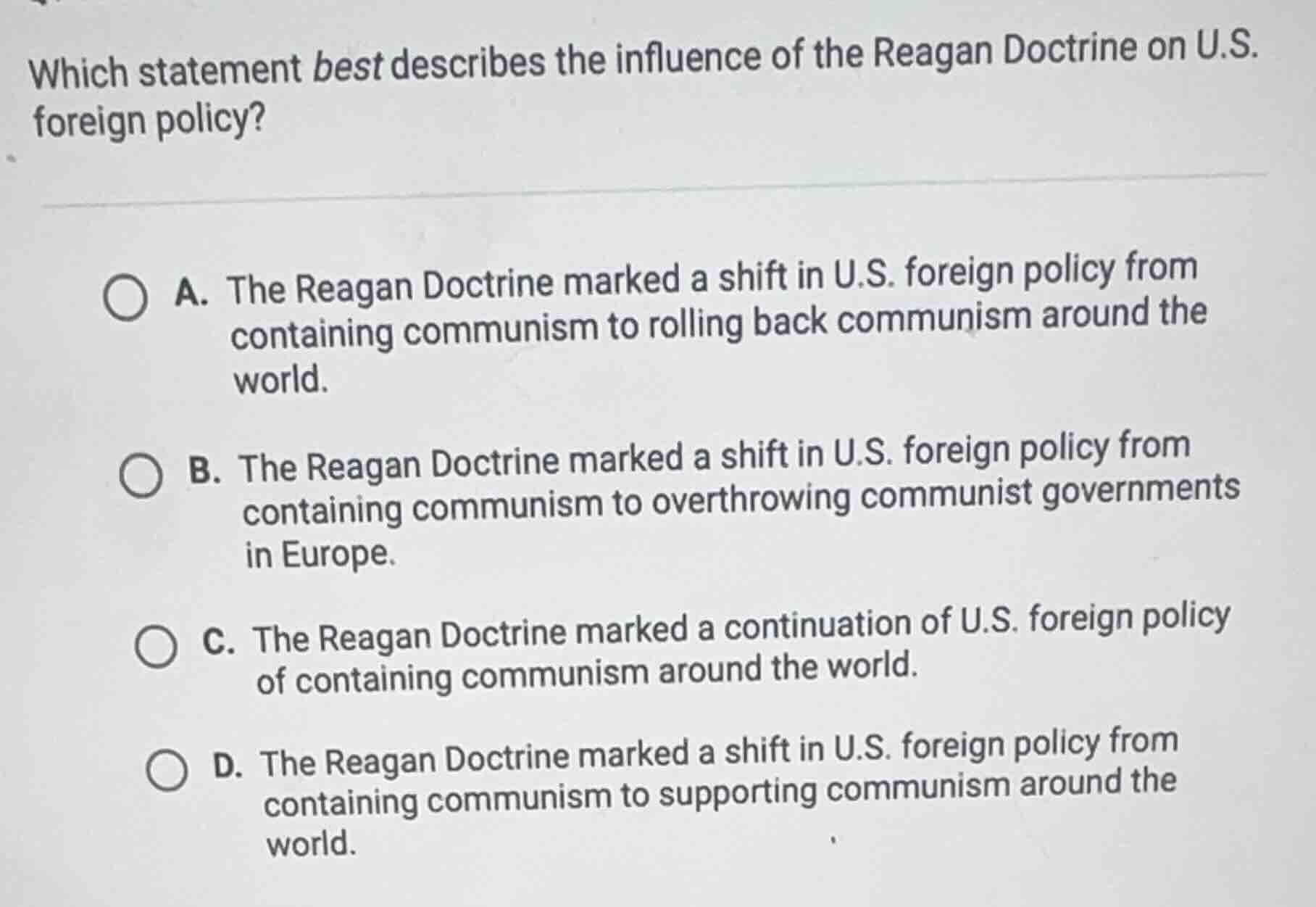 which statement best describes the influence of the reagan doctrine on …