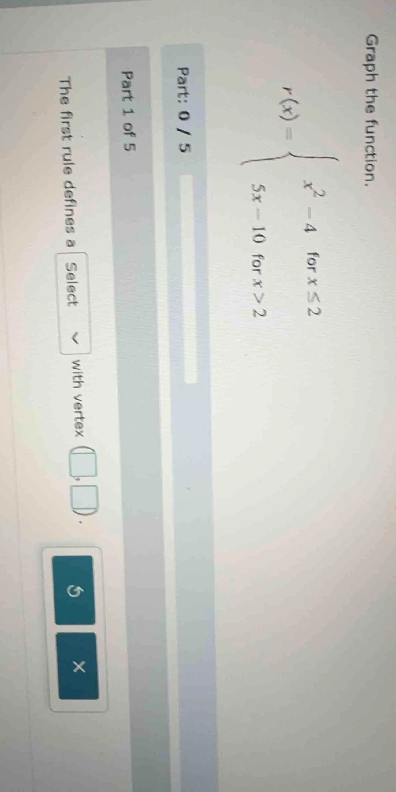 graph the function. \\( r(x) = \\begin{cases} \\,\\,\\,x^2 - 4 & \\text…