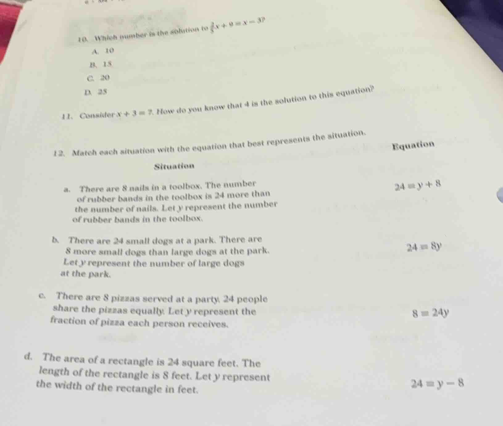 10. which number is the solution to \\(\\frac{2}{5}x + 9 = x - 3\\)? a.…