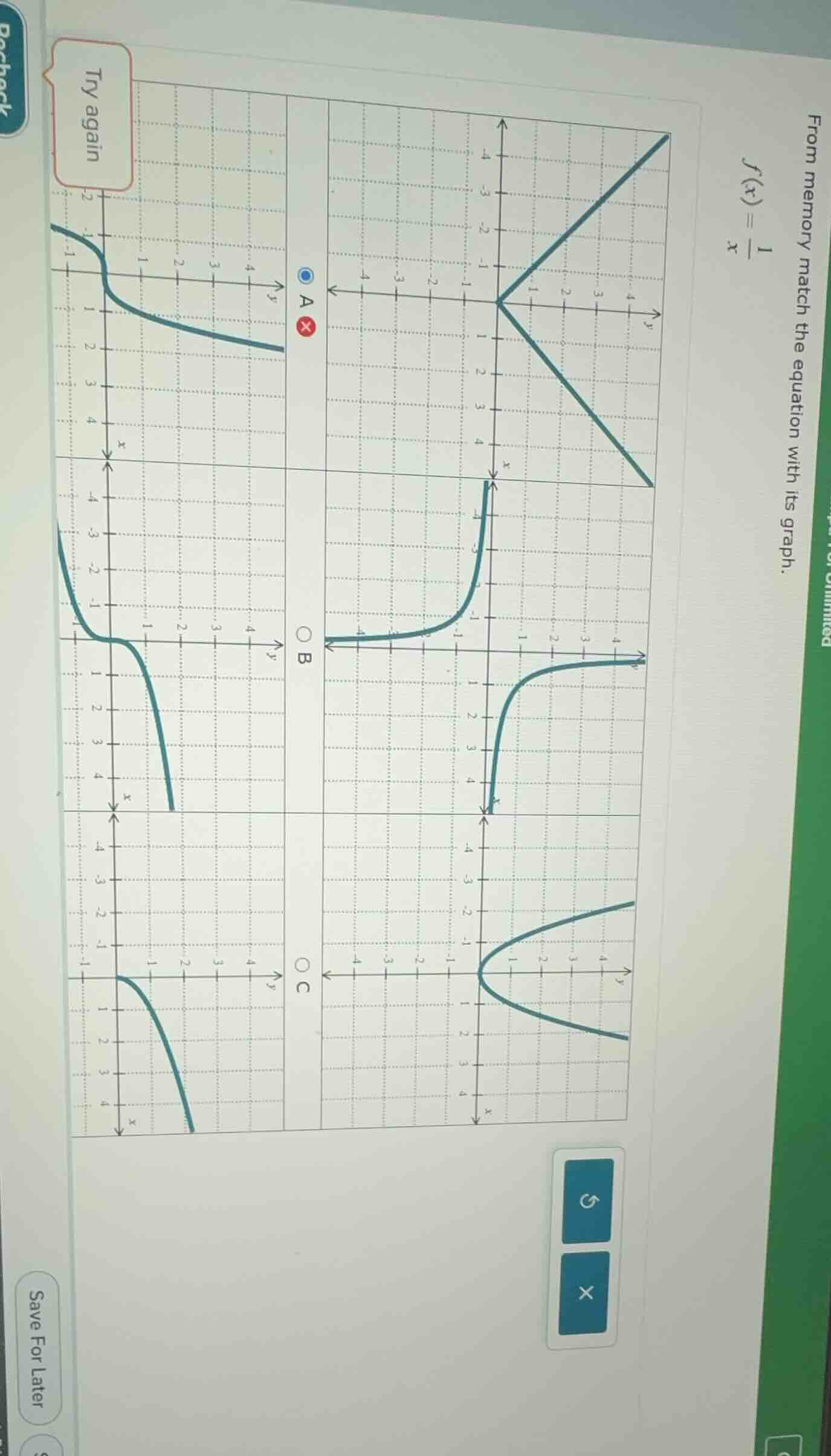 from memory match the equation with its graph. \\( f(x) = \\frac{1}{x} …