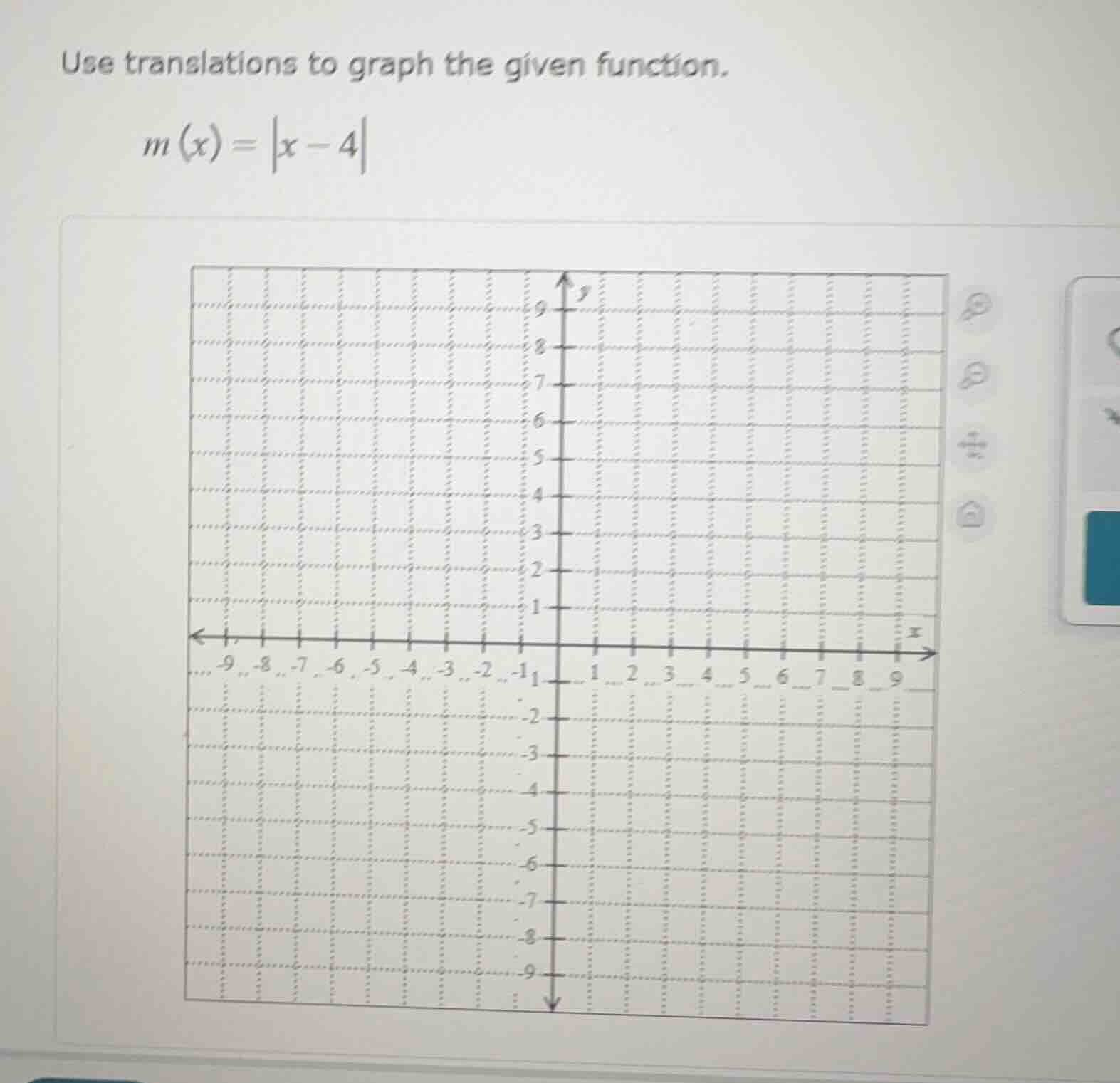 use translations to graph the given function. $m(x)=|x - 4|$