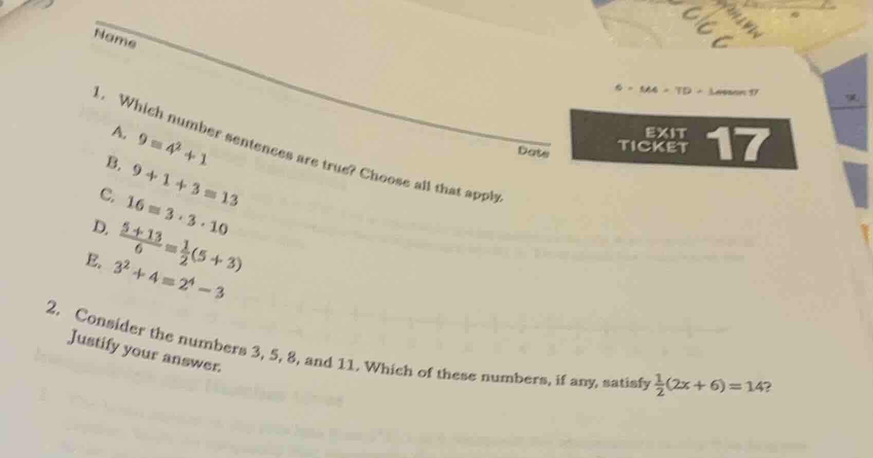 name date 1. which number sentences are true? choose all that apply. a.…