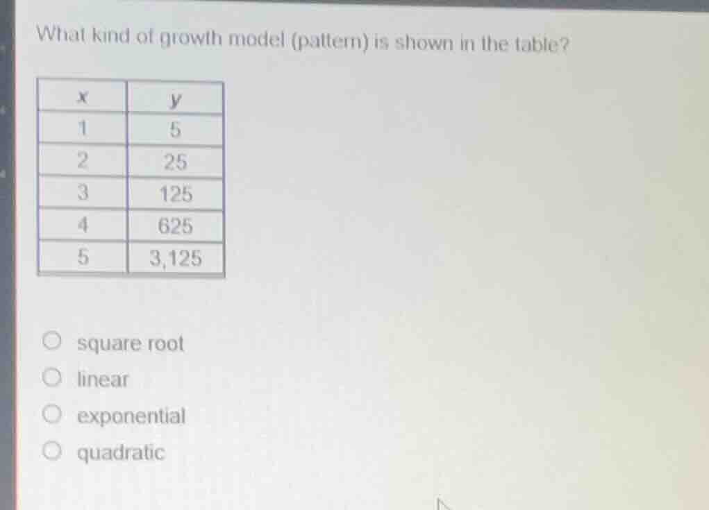 what kind of growth model (pattern) is shown in the table? x | y 1 | 5 …