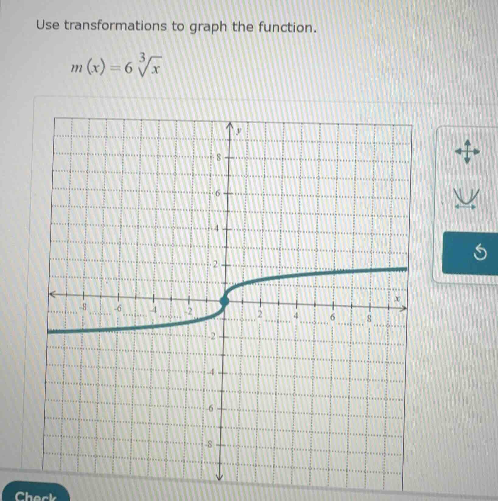 use transformations to graph the function. $m(x) = 6\\sqrt3{x}$