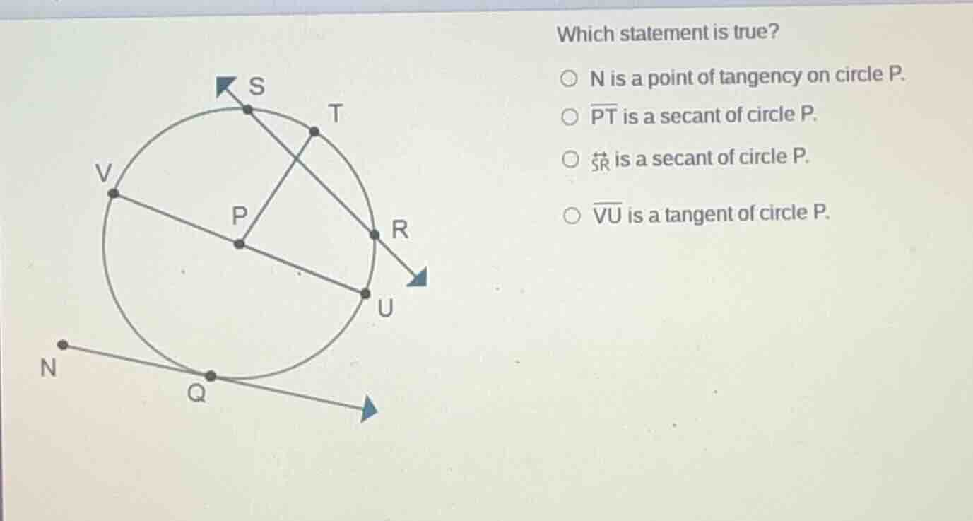 which statement is true? n is a point of tangency on circle p. pt is a …