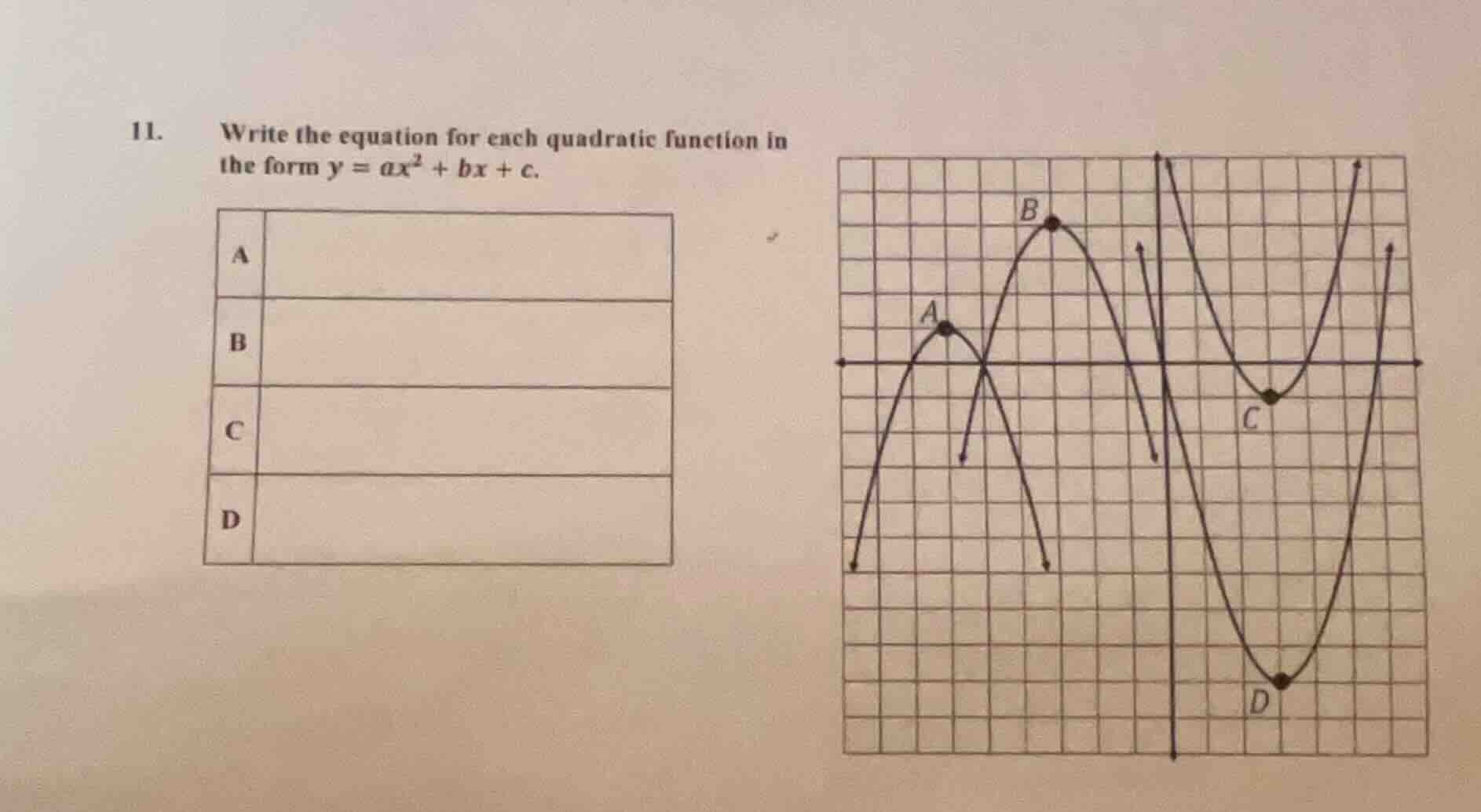 11. write the equation for each quadratic function in the form $y = ax^…