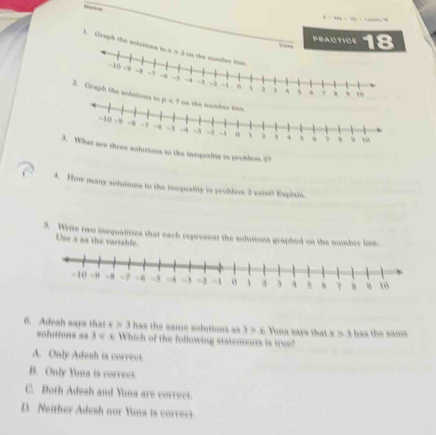 name date practice 18 1. graph the solutions to ( x geq 2 ) on the numb…