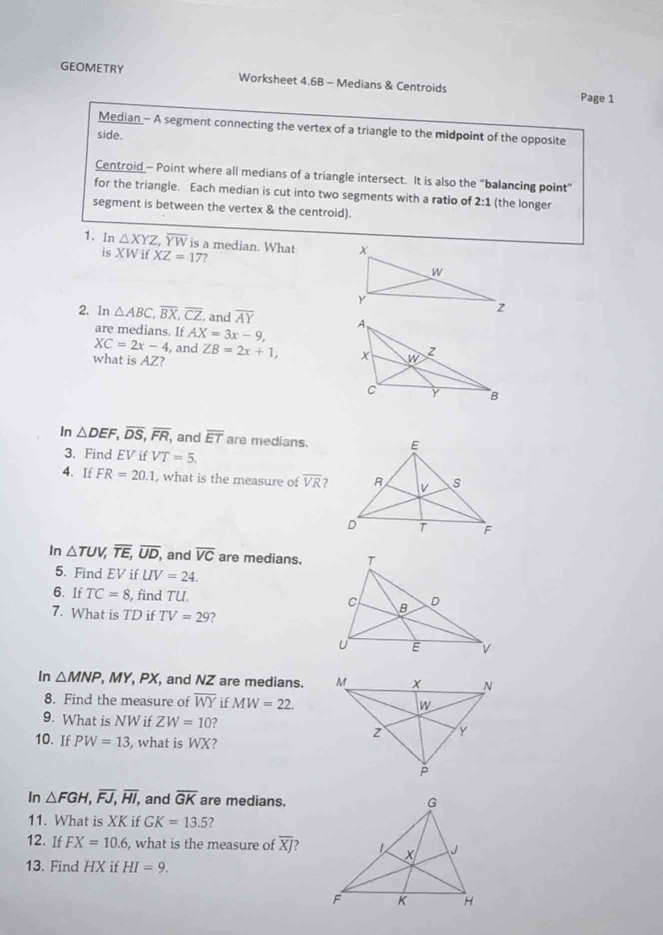 geometry worksheet 4.6b – medians & centroids page 1 median – a segment…