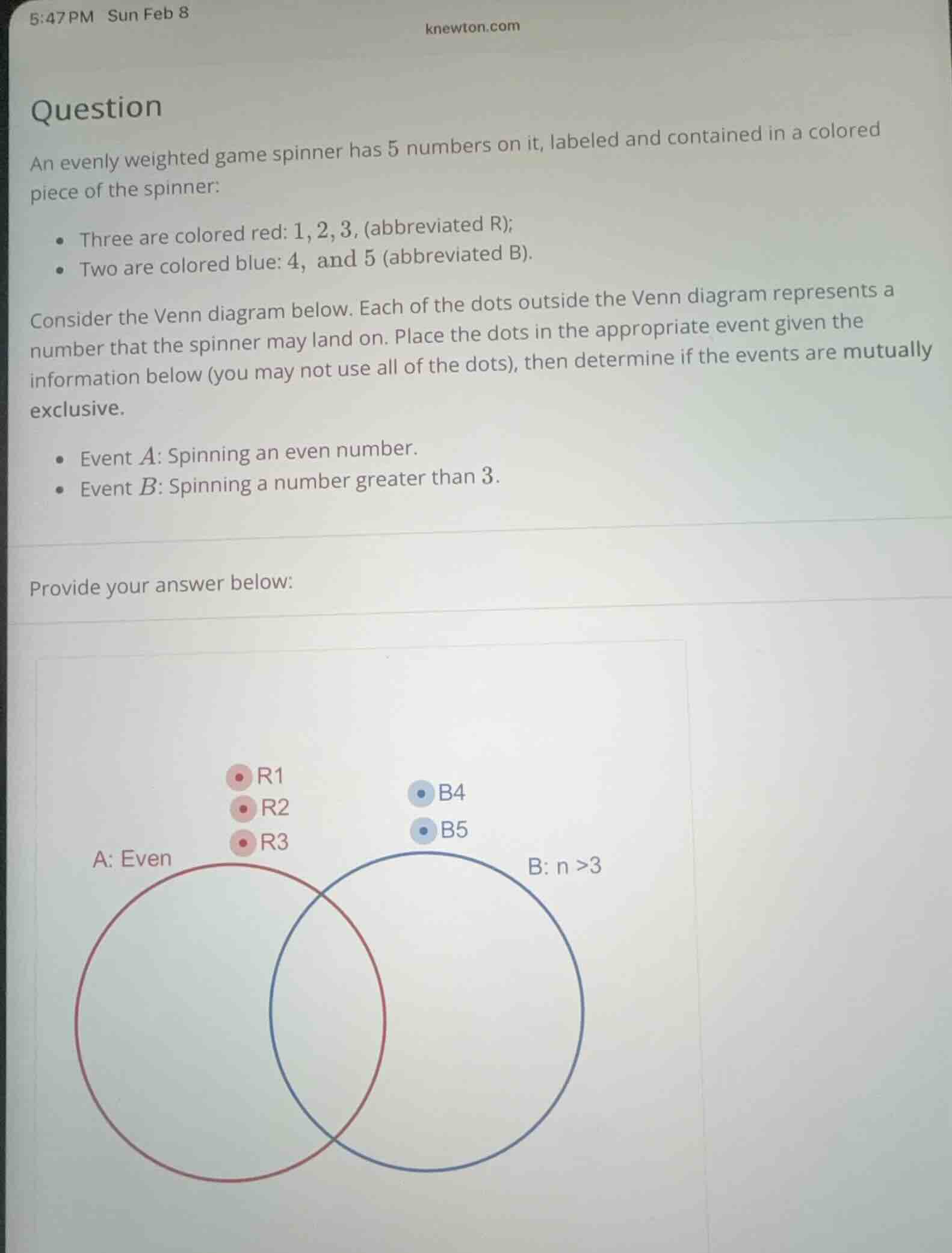 question an evenly weighted game spinner has 5 numbers on it, labeled a…