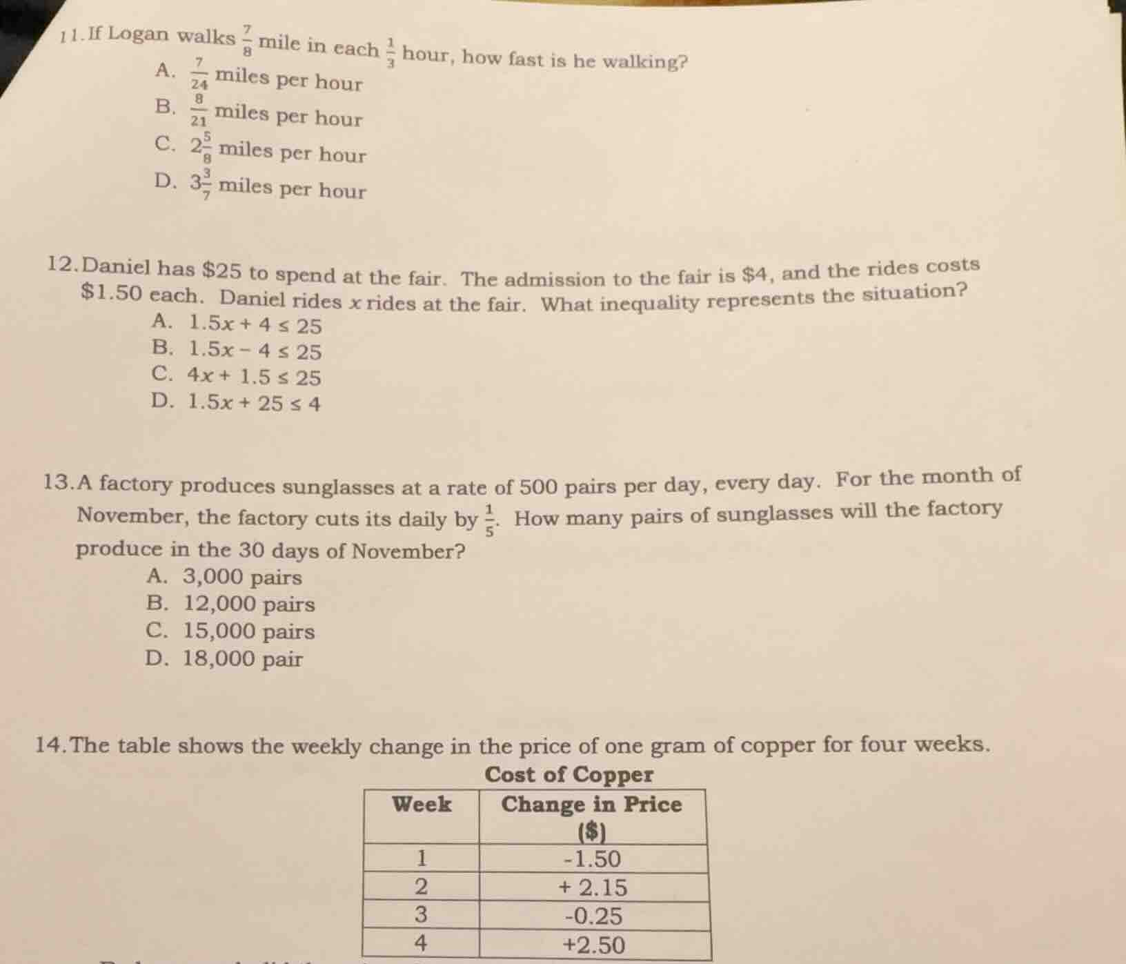 11. if logan walks \\(\\frac{7}{8}\\) mile in each \\(\\frac{1}{3}\\) h…