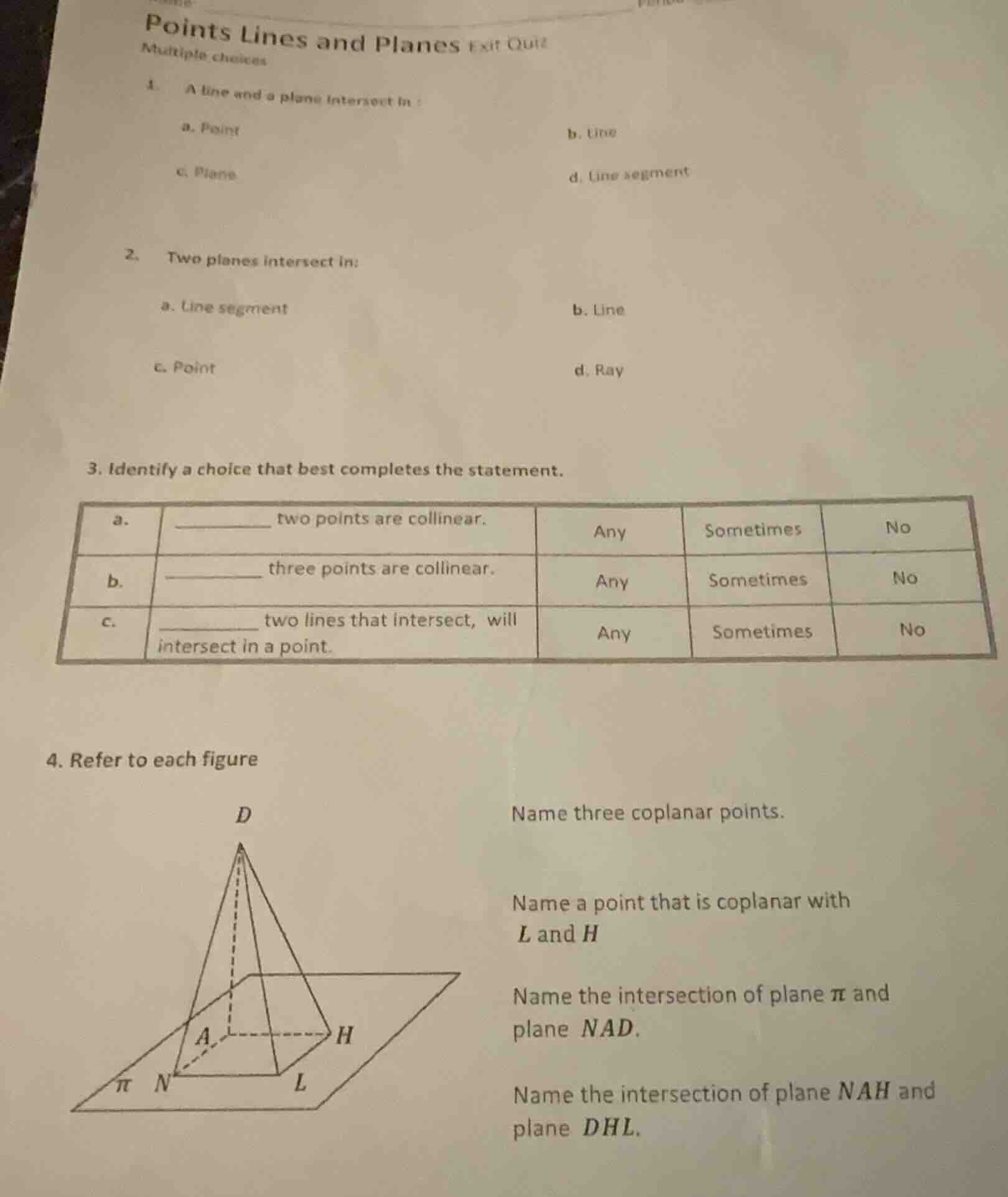 points lines and planes exit quiz multiple choices 1. a line and a plan…