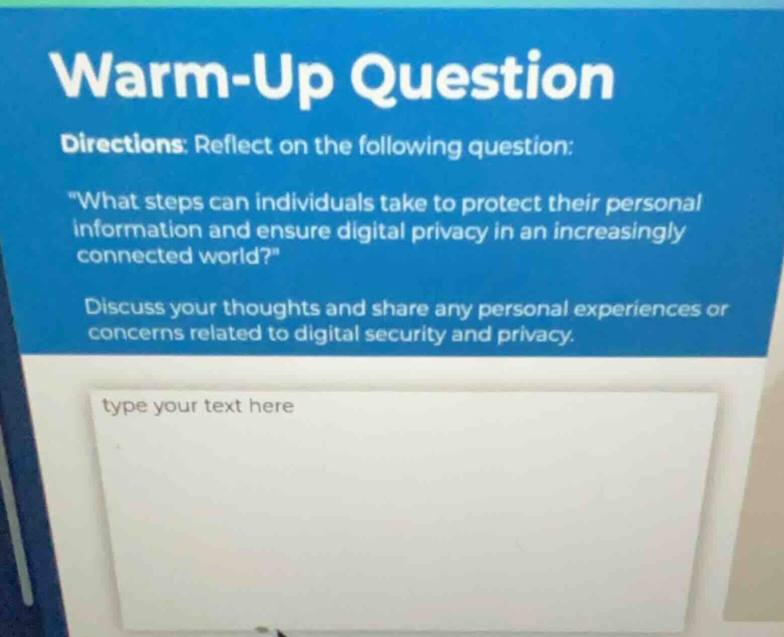 warm-up question directions: reflect on the following question: \what s…