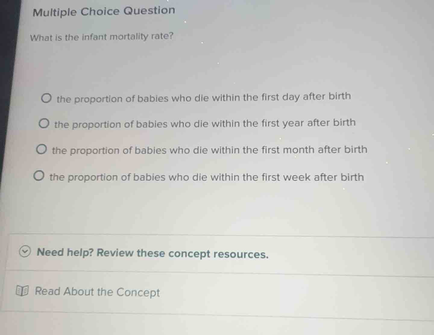 multiple choice question what is the infant mortality rate? the proport…