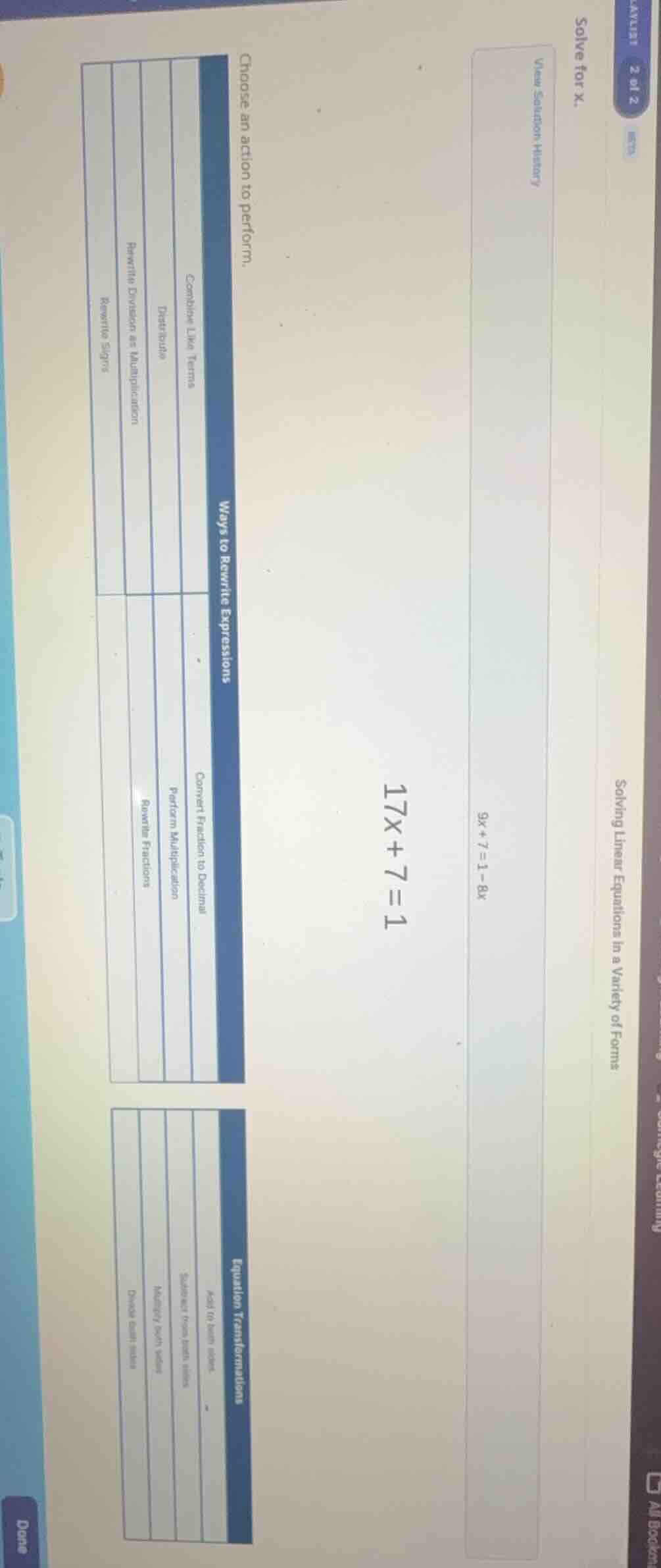 solve for x. 9x + 7 = 1 - 8x 17x + 7 = 1 choose an action to perform. c…