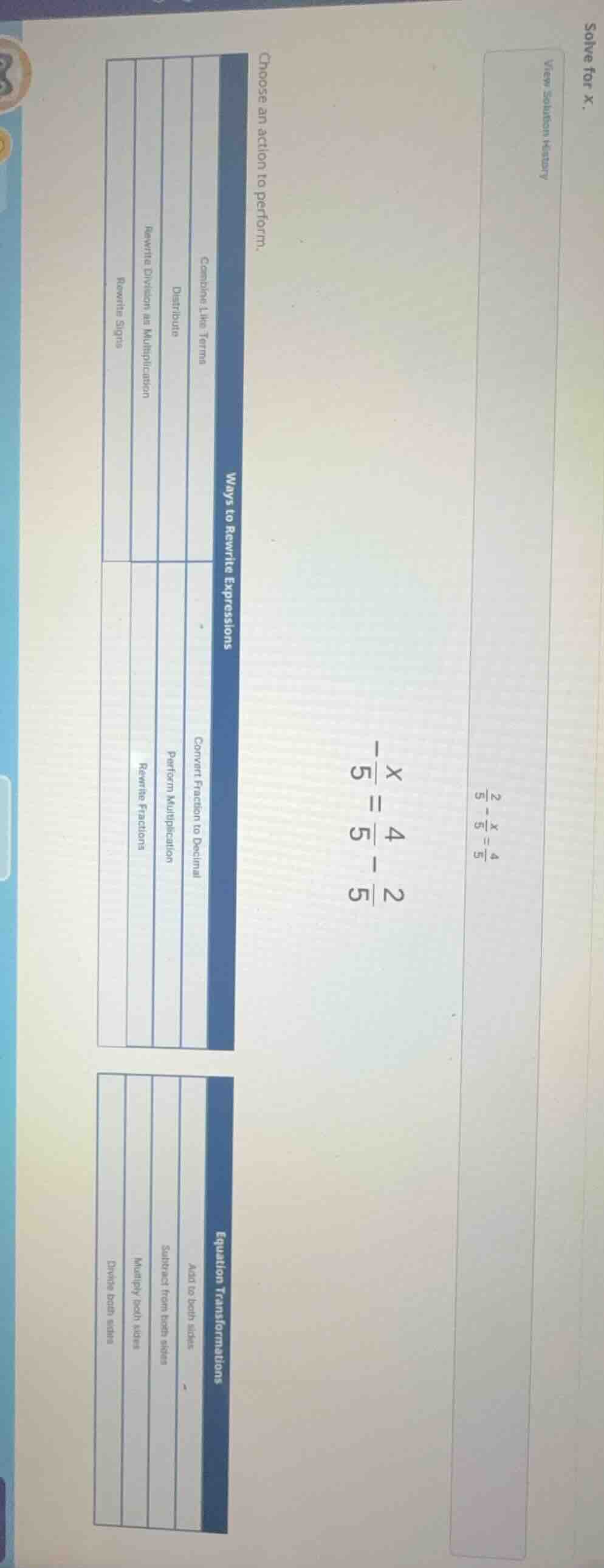 solve for x. \\frac{2}{5} - \\frac{x}{5} = \\frac{4}{5} -\\frac{x}{5} =…