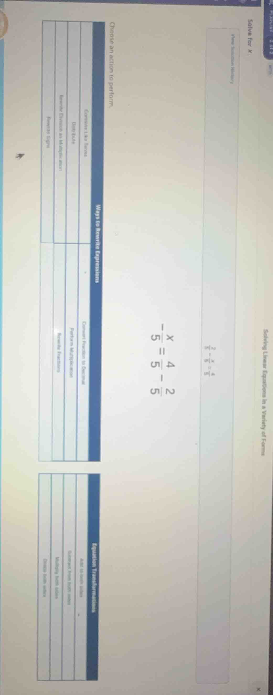 solve for x. $\\frac{2}{5}-\\frac{x}{5}=\\frac{4}{5}$ $\\frac{x}{5}=\\f…