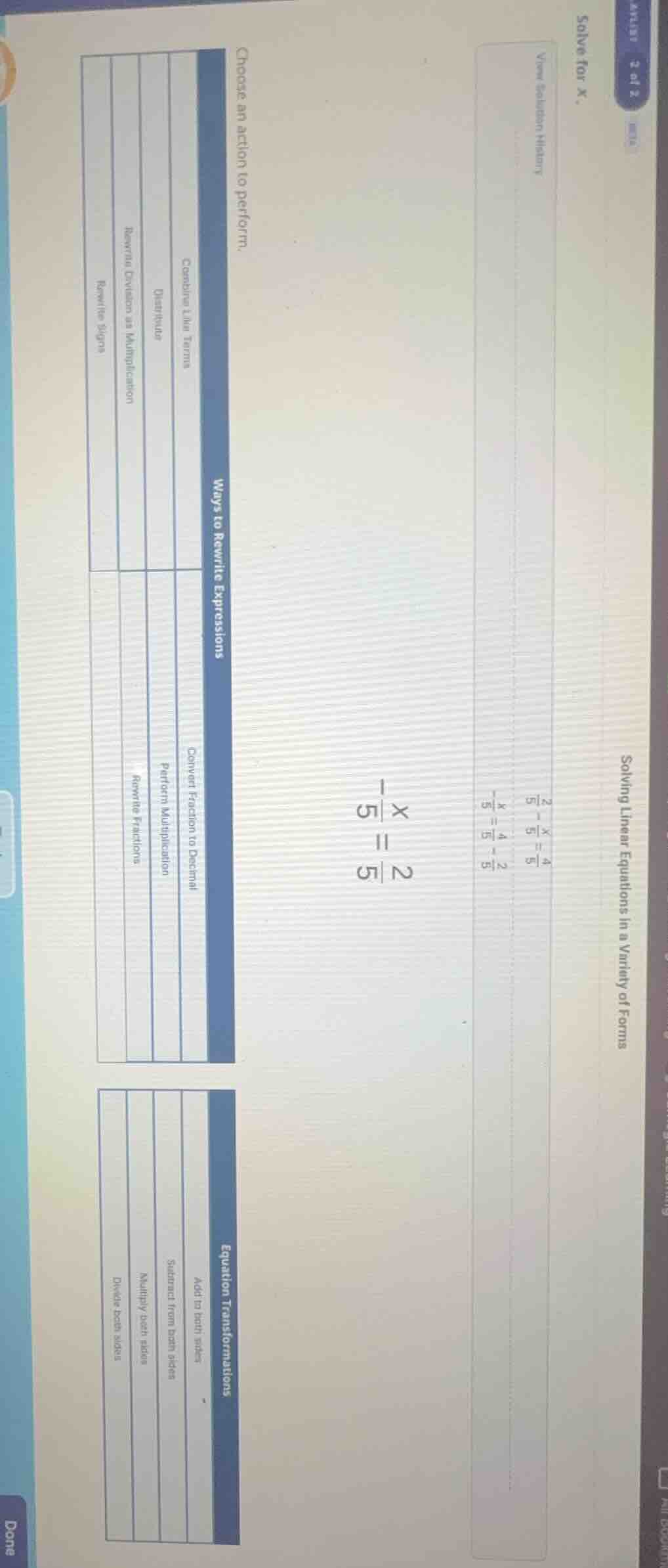 solve for x. \\frac{2}{5}-x = \\frac{4}{5} -\\frac{x}{5}=\\frac{4}{5}-\…