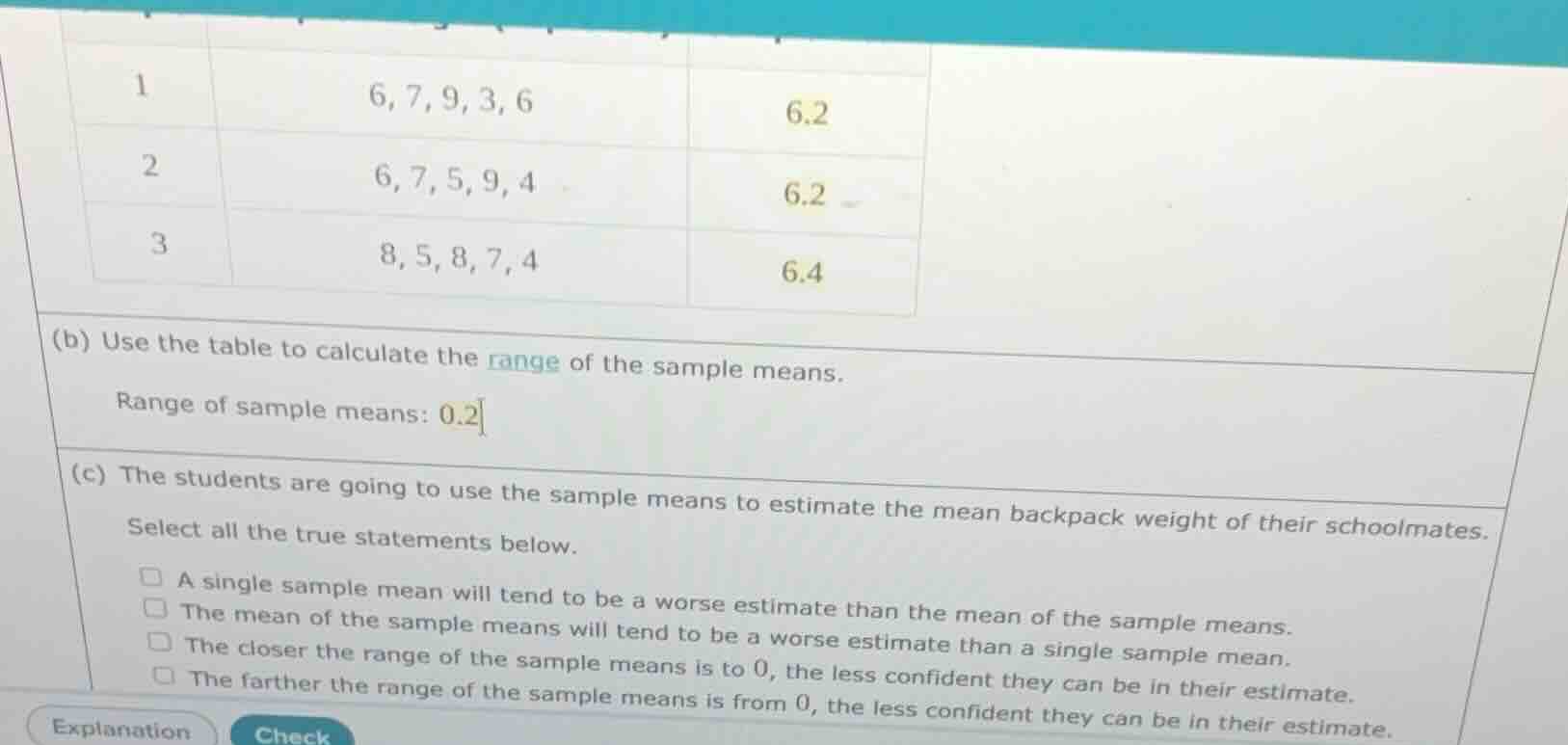 (b) use the table to calculate the range of the sample means. range of …