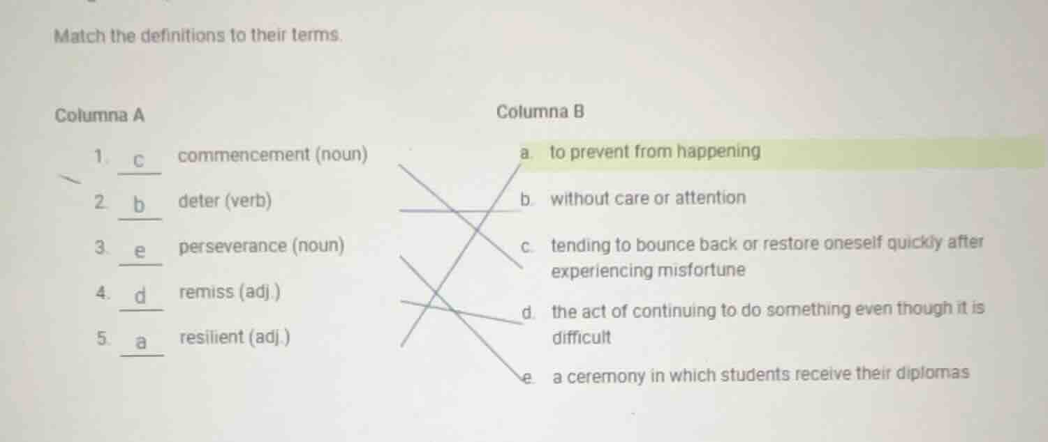 match the definitions to their terms. columna a 1. ___ commencement (no…