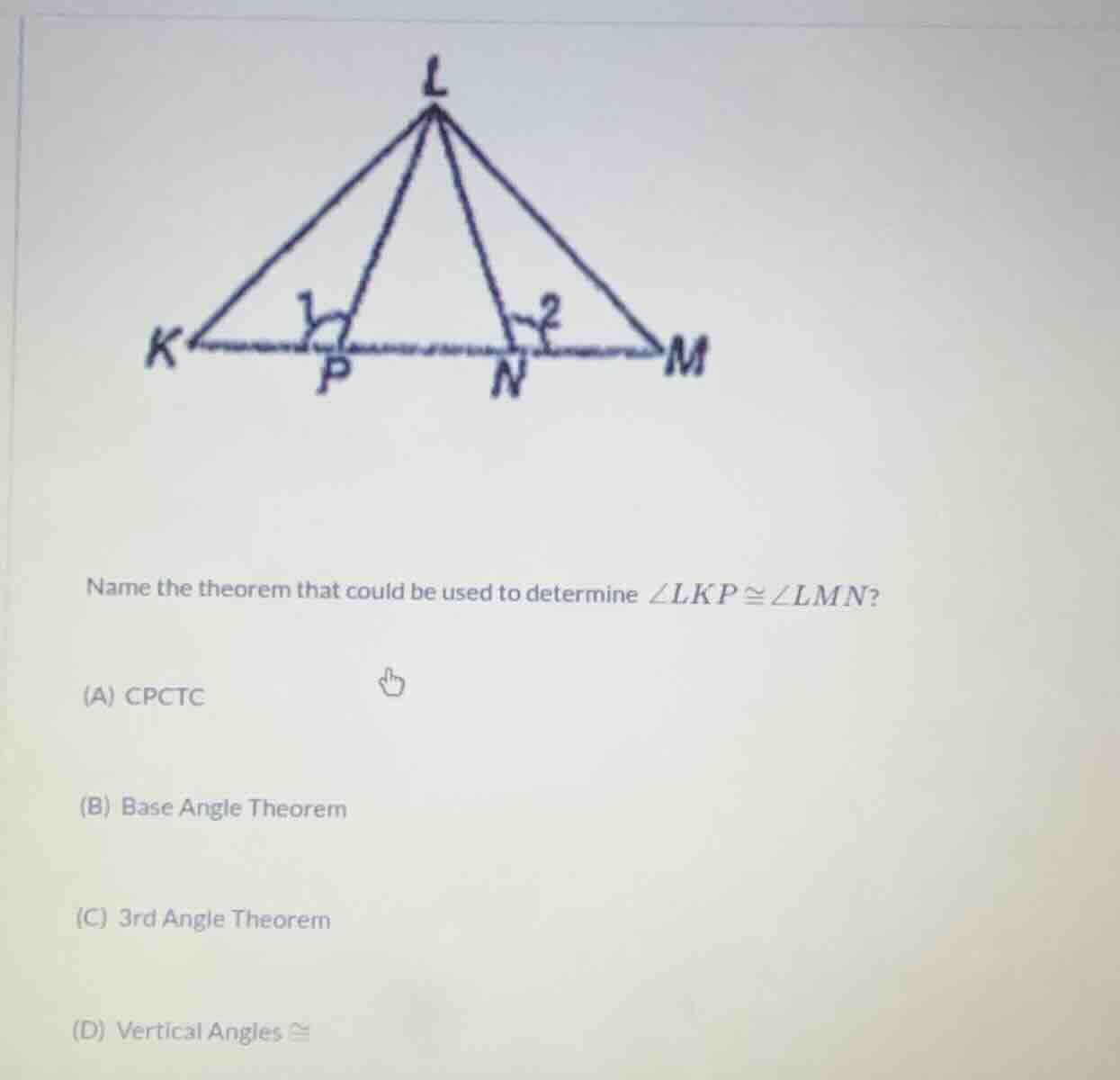 name the theorem that could be used to determine $\\angle lkp \\cong \\…