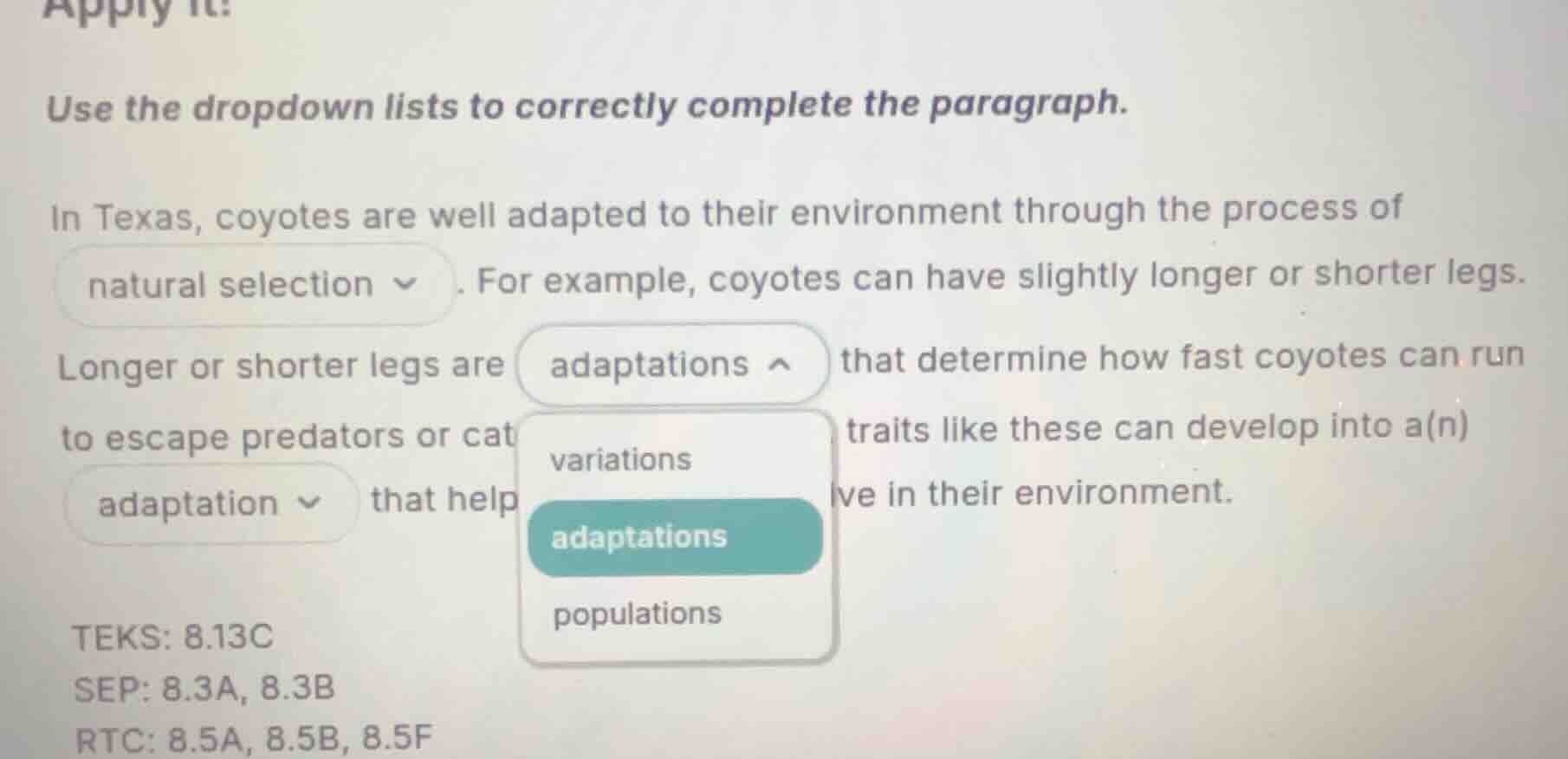 apply it! use the dropdown lists to correctly complete the paragraph. i…