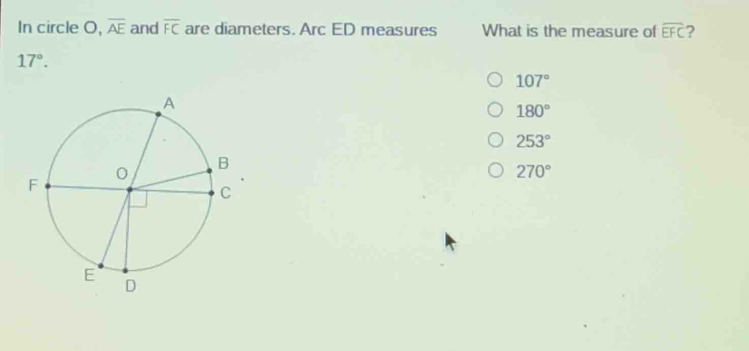 in circle o, \\(\\overline{ae}\\) and \\(\\overline{fc}\\) are diameter…