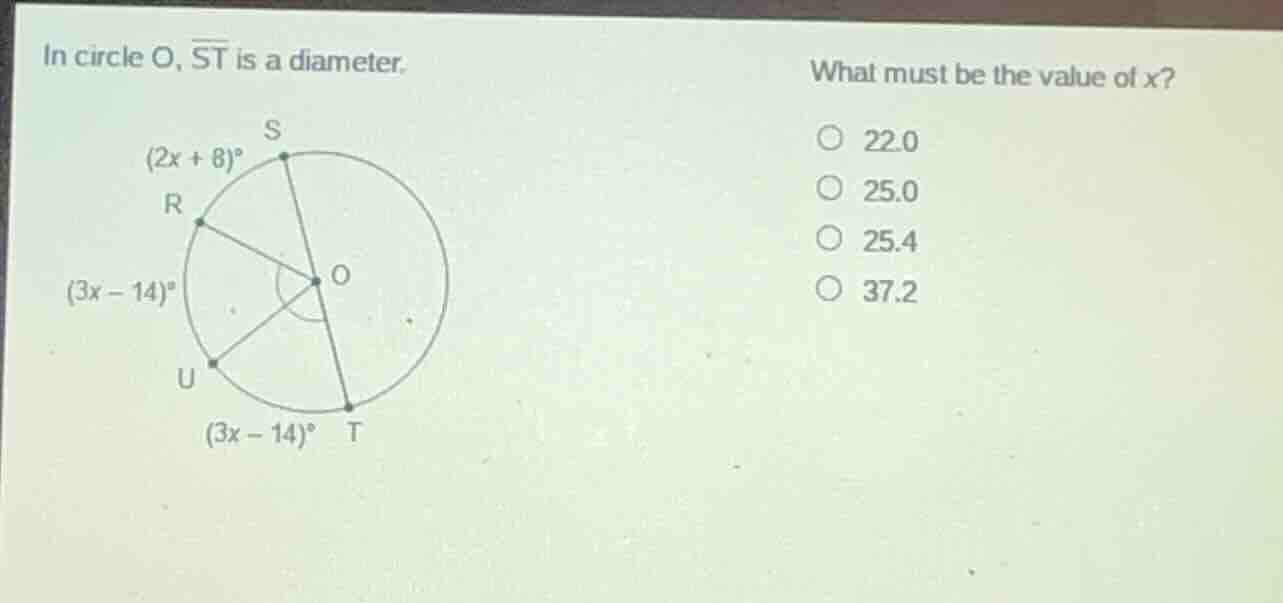 in circle o, \\(\\overline{st}\\) is a diameter. what must be the value…