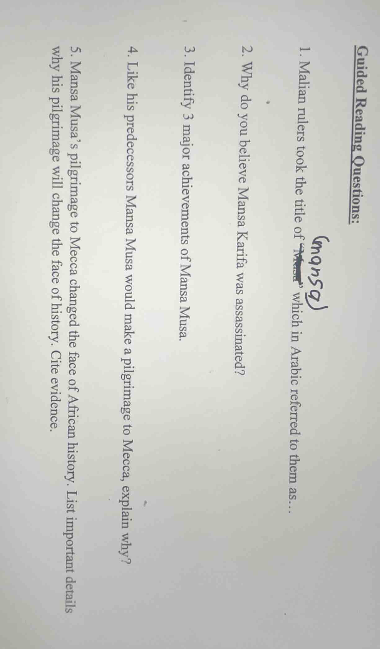 guided reading questions: 1. malian rulers took the title of …, which i…